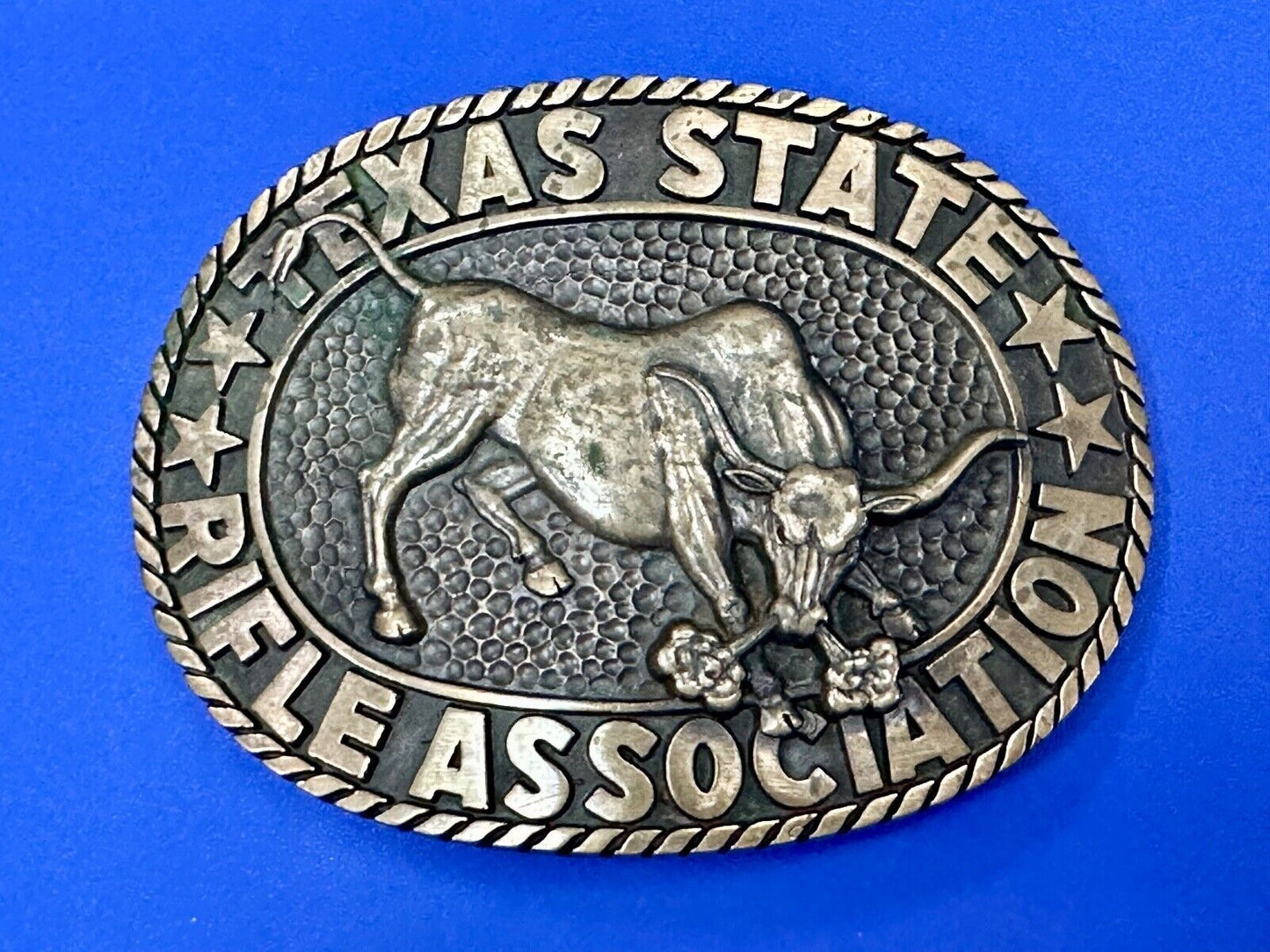 Texas State Rifle Association Charging longhorn Hunting Norman Co. belt buckle