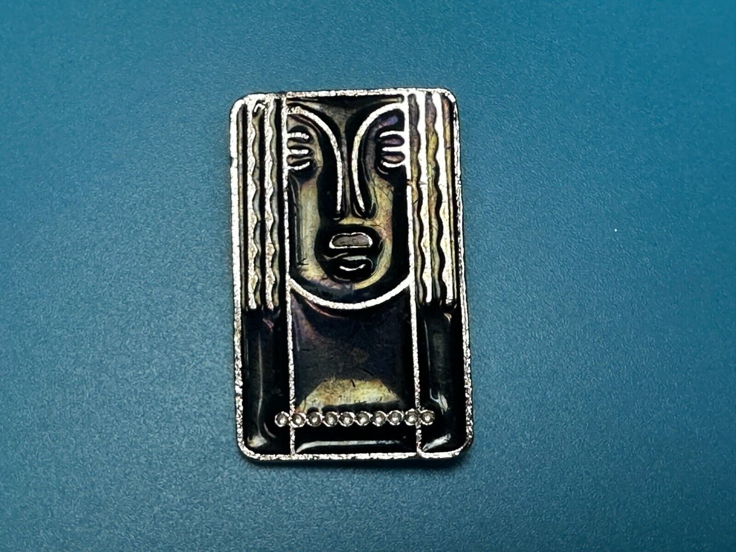 Art Deco Revival Brooch Pendant Pin Signed Ritz - Black Enamel Pewter Face