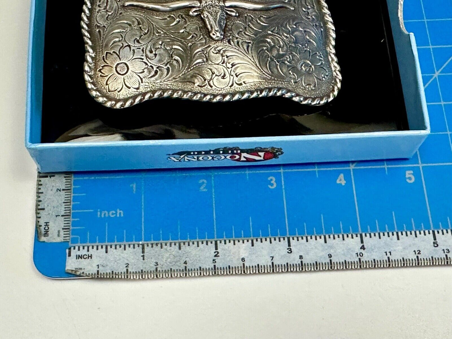 Texas Longhorn Steer Cowboy ornate flower swirl Nocona belt buckle in box