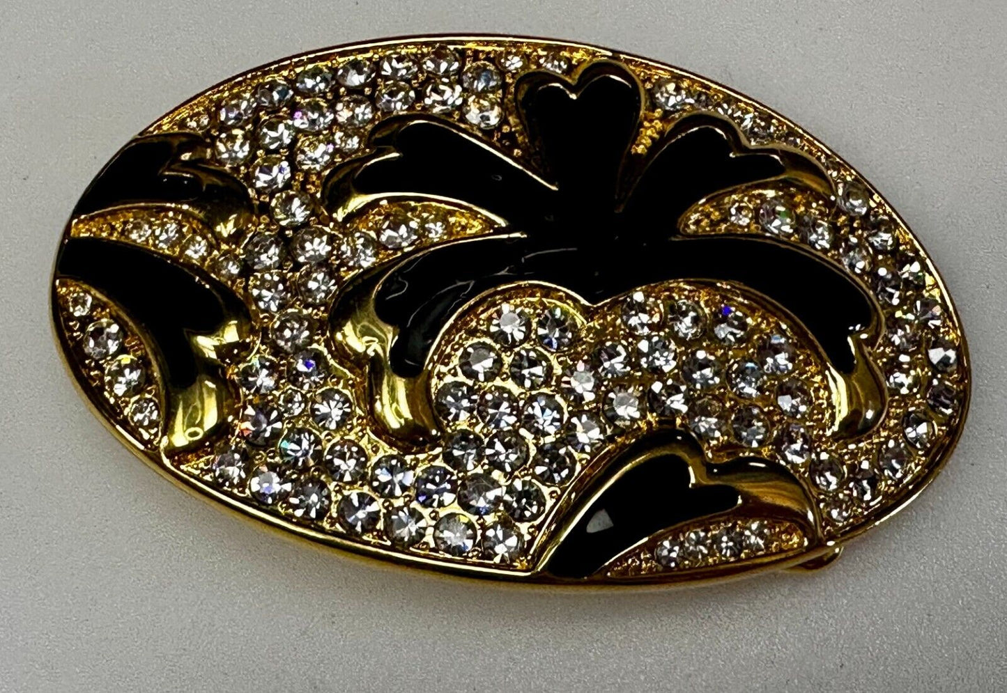 Beautiful Clear Rhinestone Covered Gold Tone Belt Buckle with Leaf Design