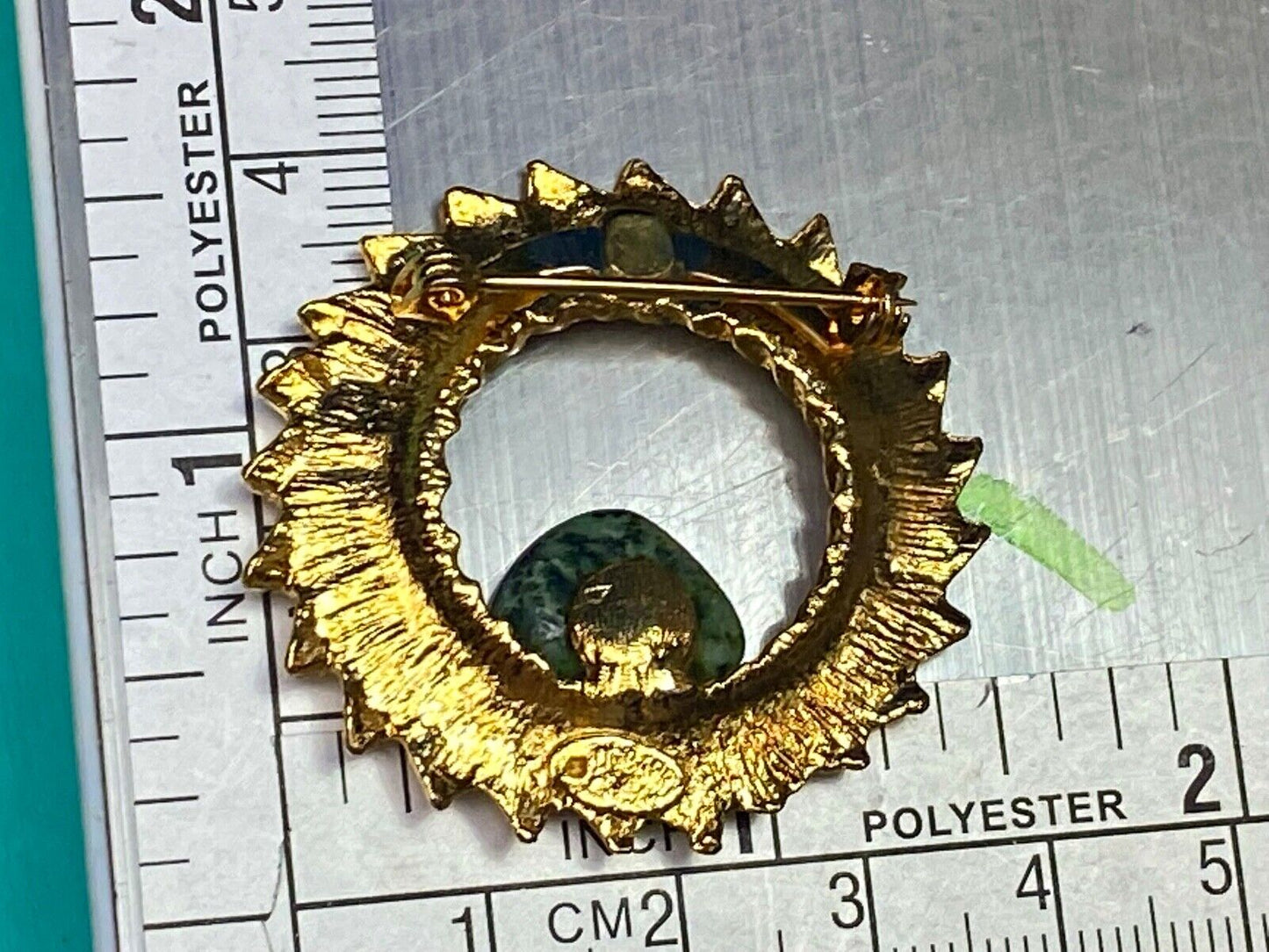 Vintage Dubarry Signed Sunburst Green Jade Stone Gold Tone Brooch Pin