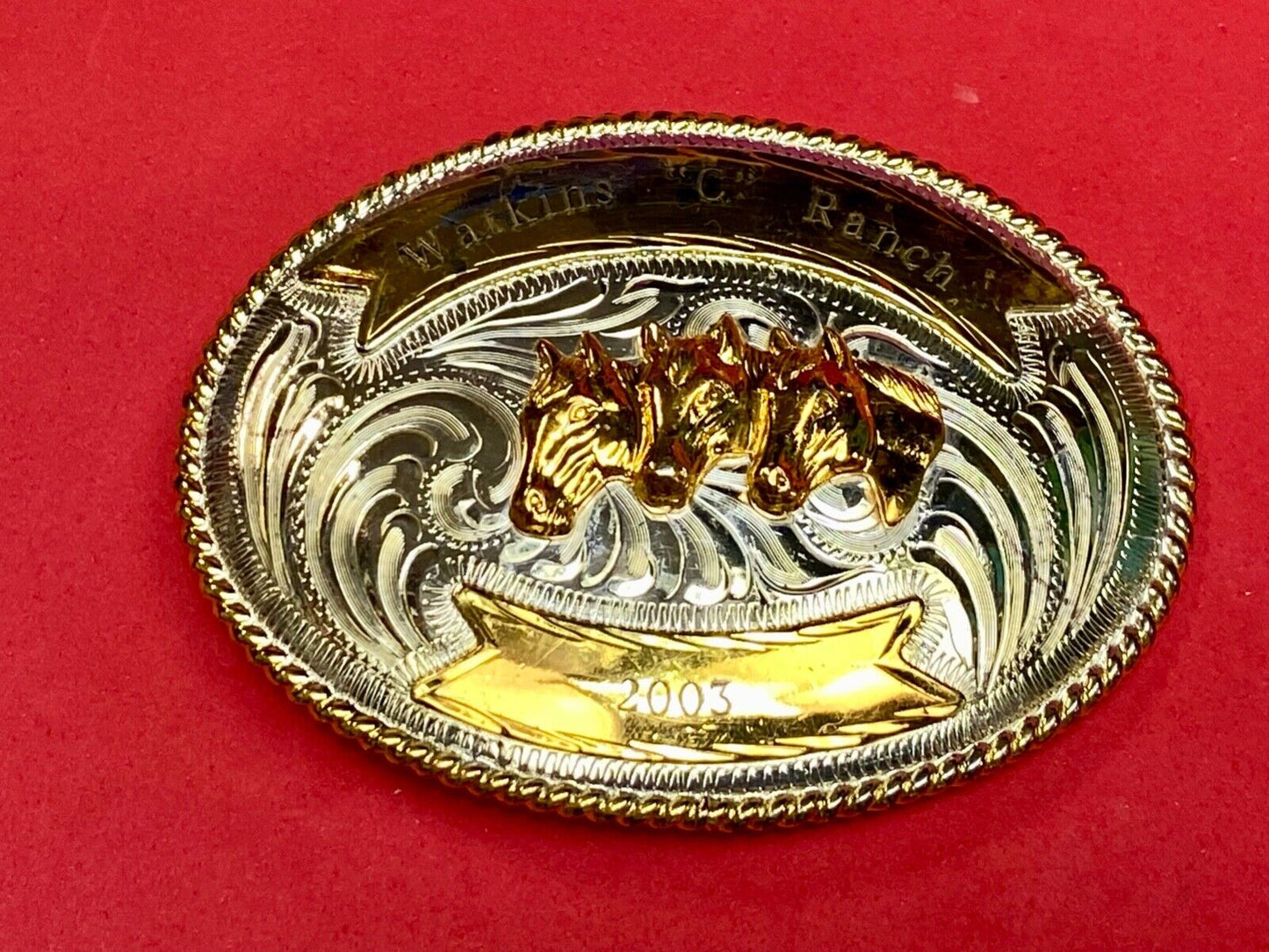 Three Horse heads silver tone? western belt buckle from Mexico- engraved ribbon