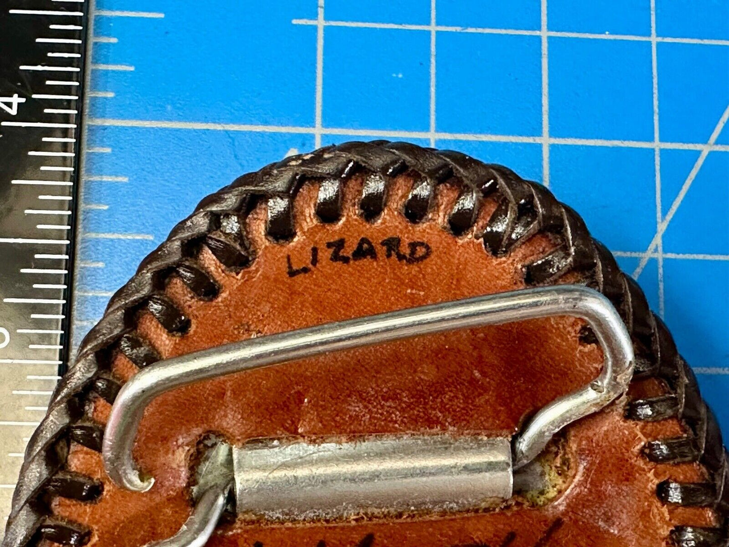 Beautiful lizard Skin brown leather vintage belt buckle with black stitching