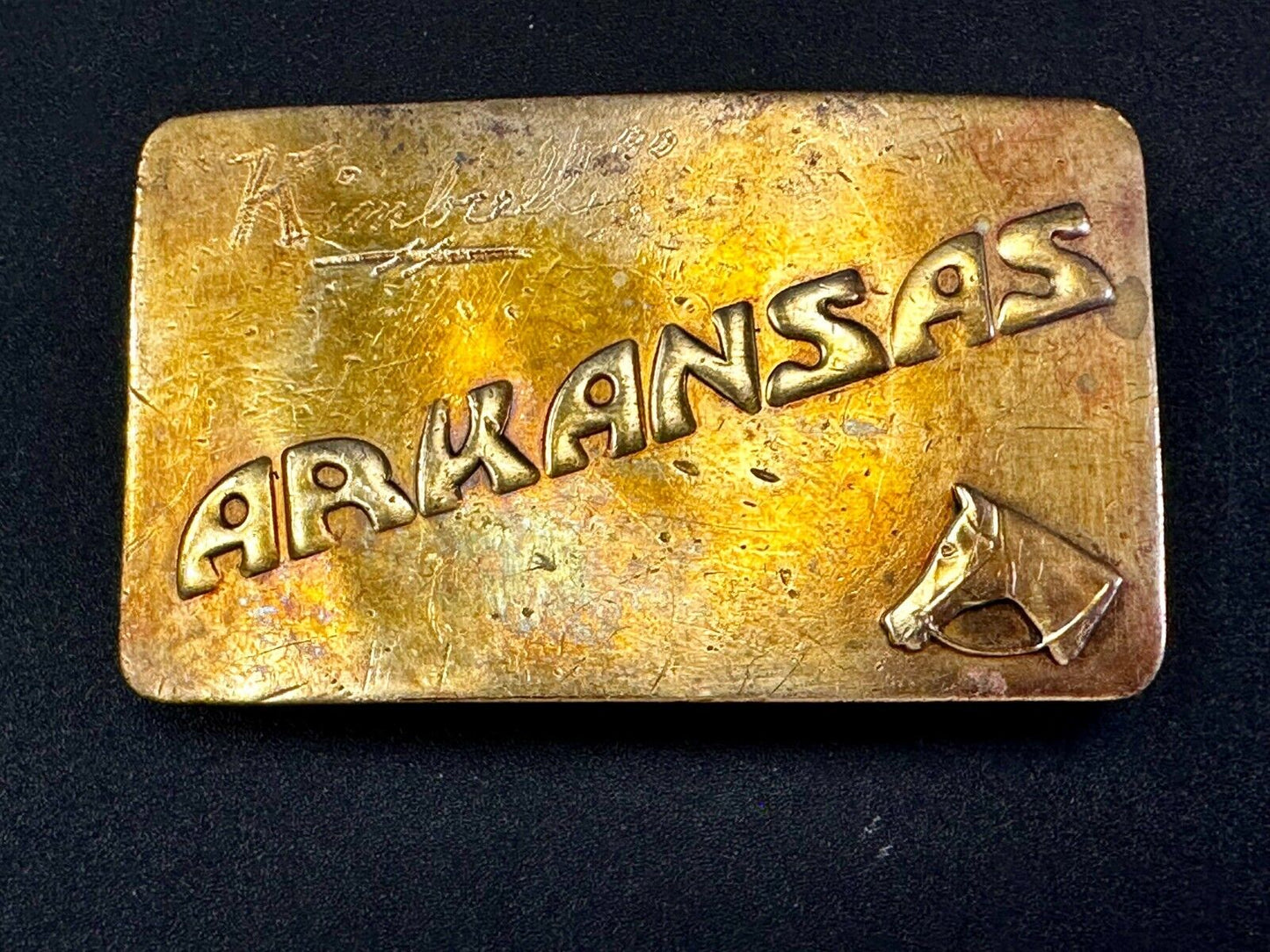 ARKANSAS State Horse Head BrassTone Commemorative Vintage Belt Buckle