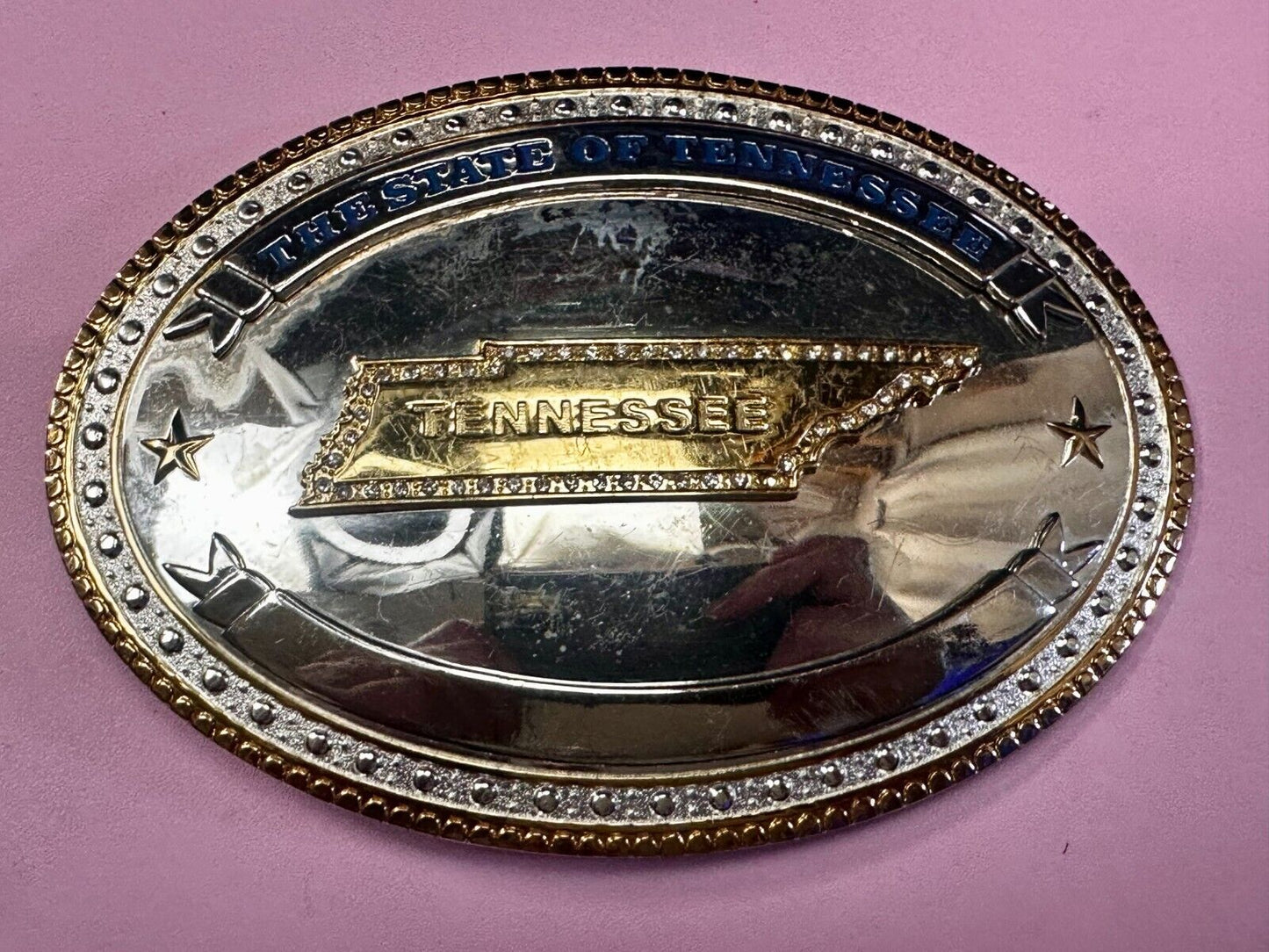 The State of Tennessee with Rhinestone Accents Two Tone Large Belt Buckle by ATI