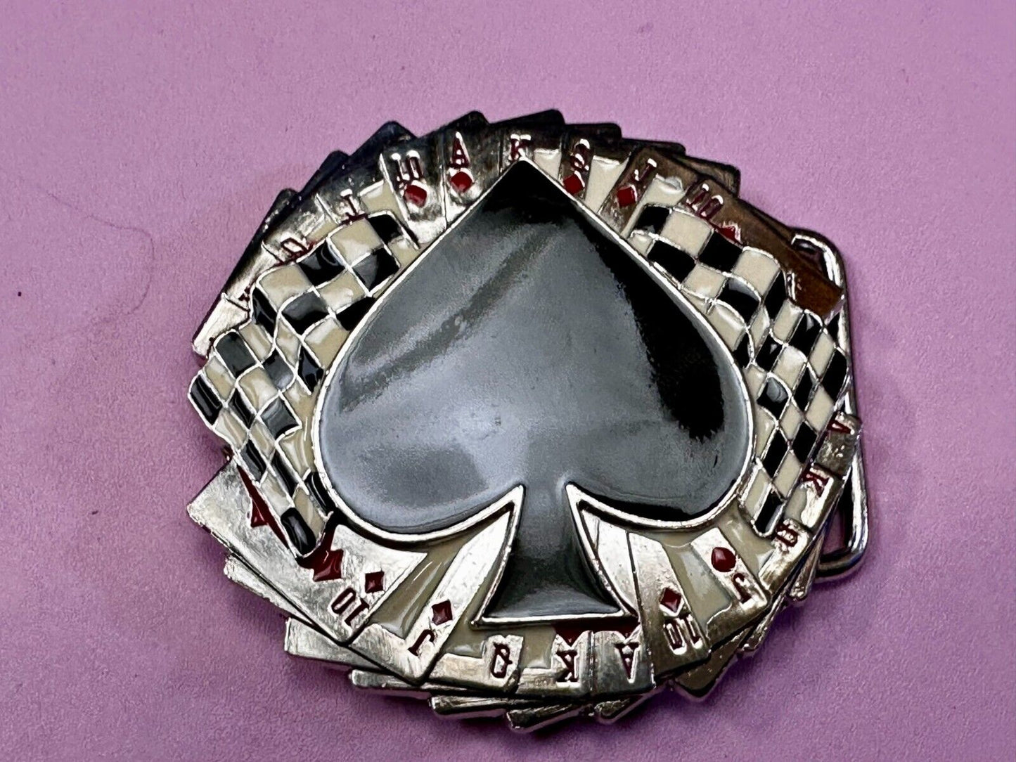 Ace of Spades Cards Royal Flush Poker Checkered Flag Gambling Casino Belt Buckle