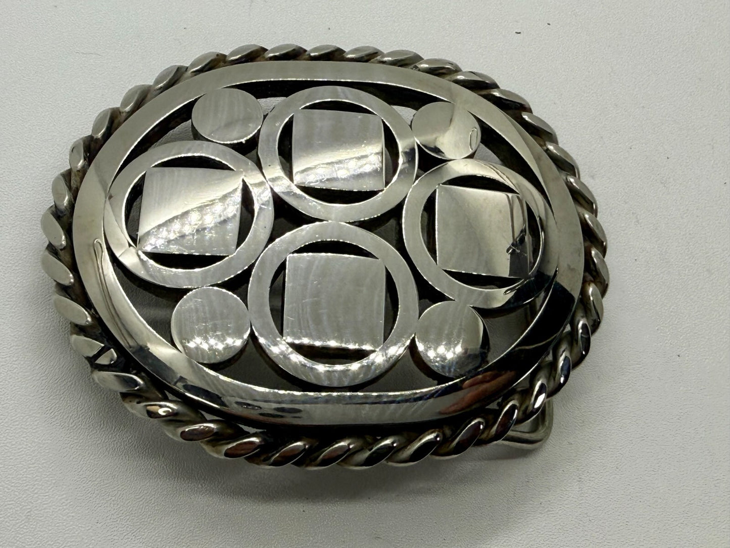 Artisan Welder Art Abstract Open Work Circle Square Pattern Vintage Belt Buckle