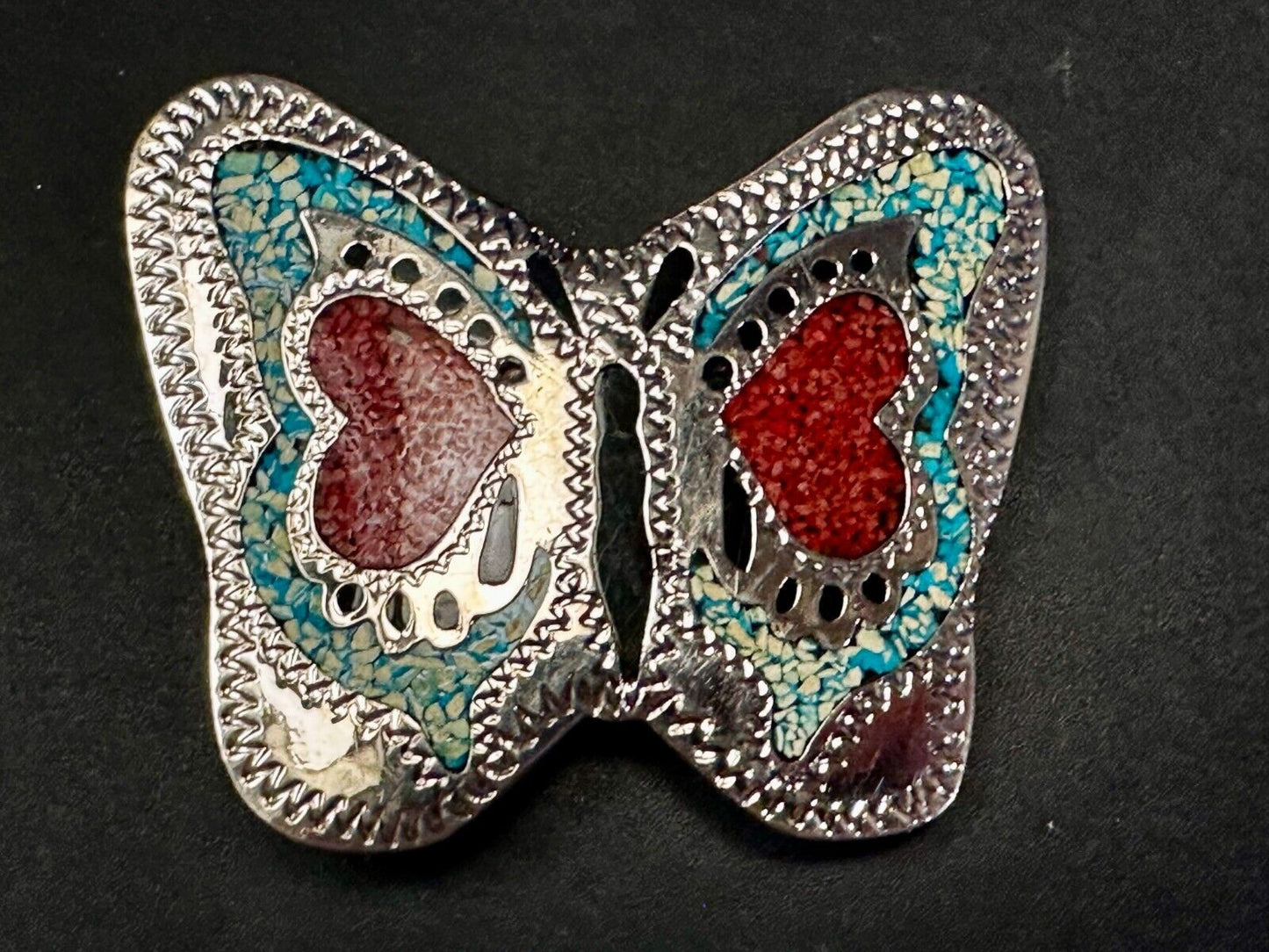 Beautiful Butterfly Figural Turquoise Coral Chips Inlay Cutout 3" Belt Buckle