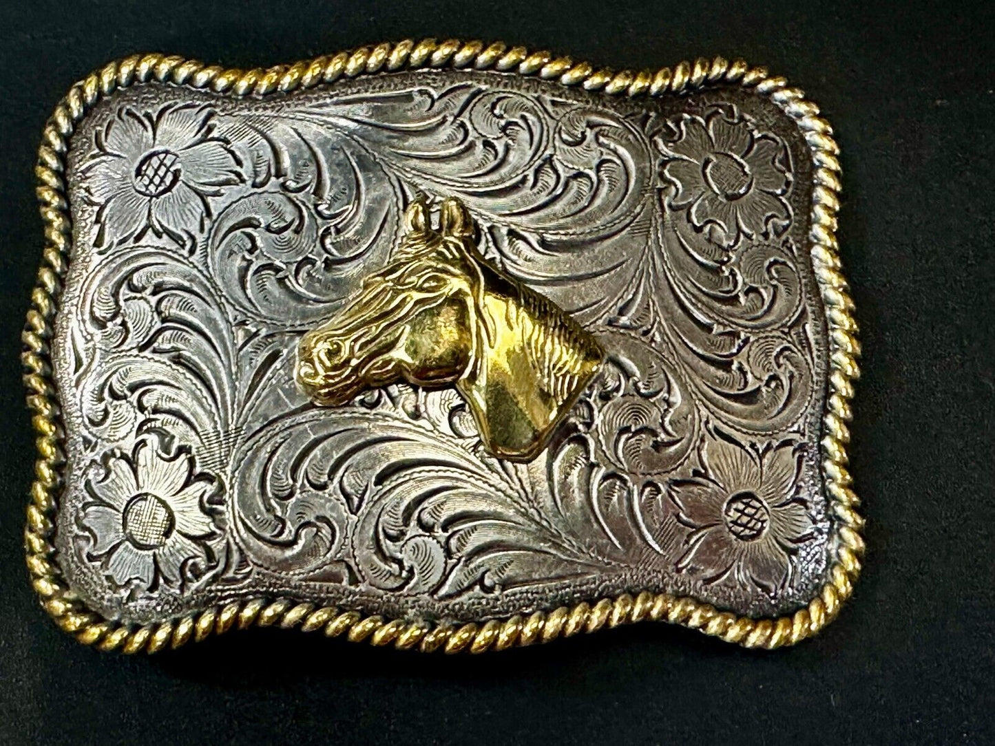 Beautiful Horse Head Centered Flower Swirl Two Tone Western Cowboy Belt Buckle