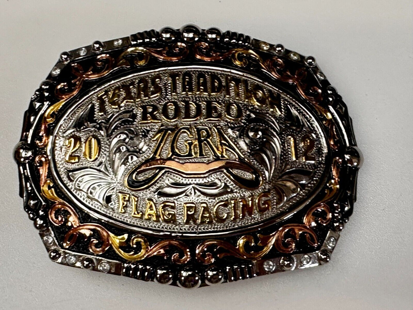 TGRA Texas Tradition Rodeo Flag Racing 2012 Trophy Award Belt Buckle Lone Star