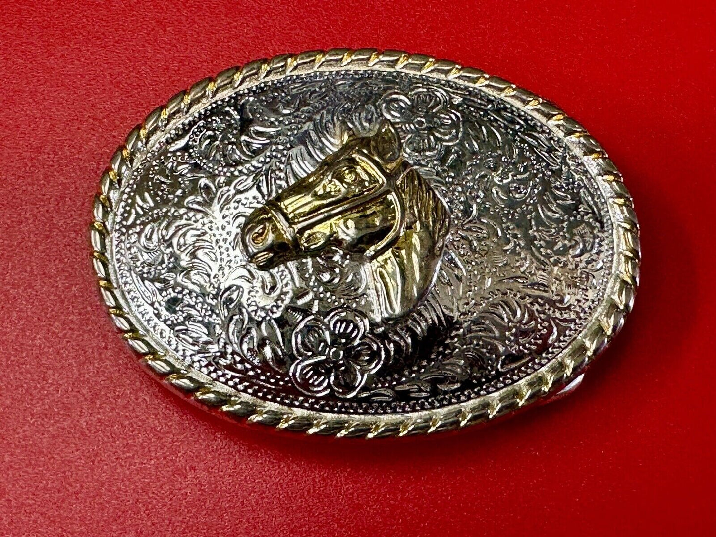 Vintage Horse Head Two tone oval western 2.75" wide belt buckle by Ivan