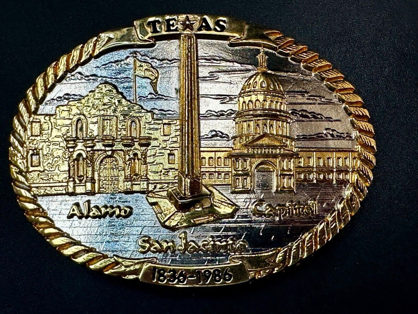 TEXAS SESQUICENTENNIAL ALAMO SAN JACINTO CAPITAL 1836-1986 TW Baker Belt Buckle