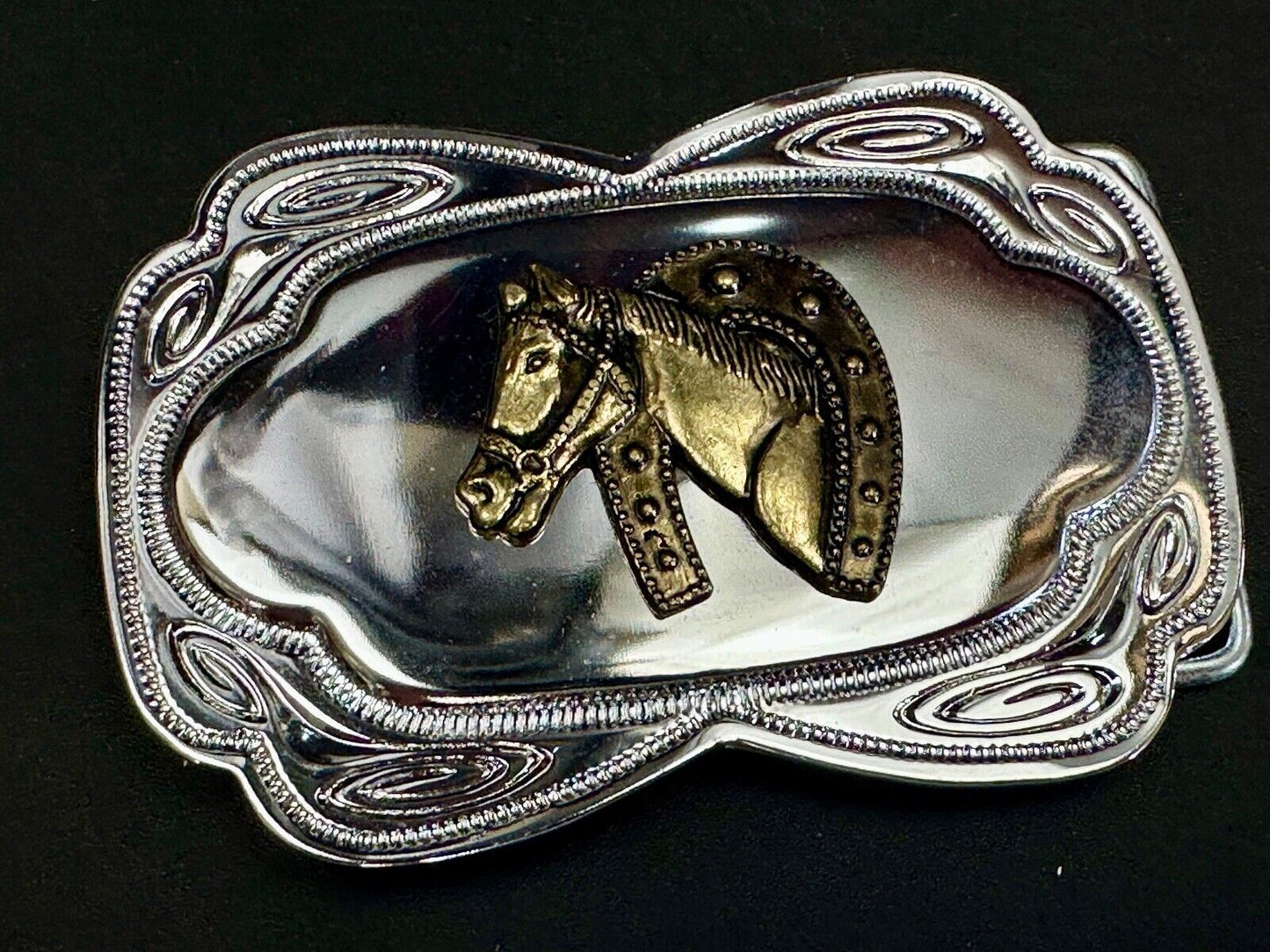 Beautiful NOS Horse head through lucky horseshoe - Two tone belt buckle