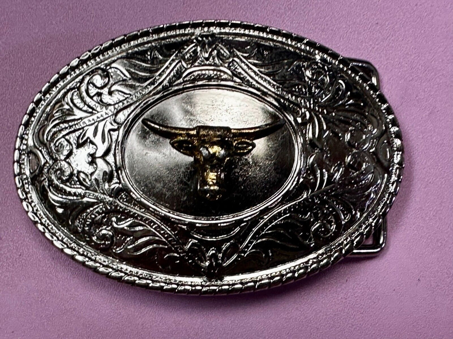Texas Longhorn Vintage Ornate Cowboys Cowgirls Western Two Tone Belt Buckle