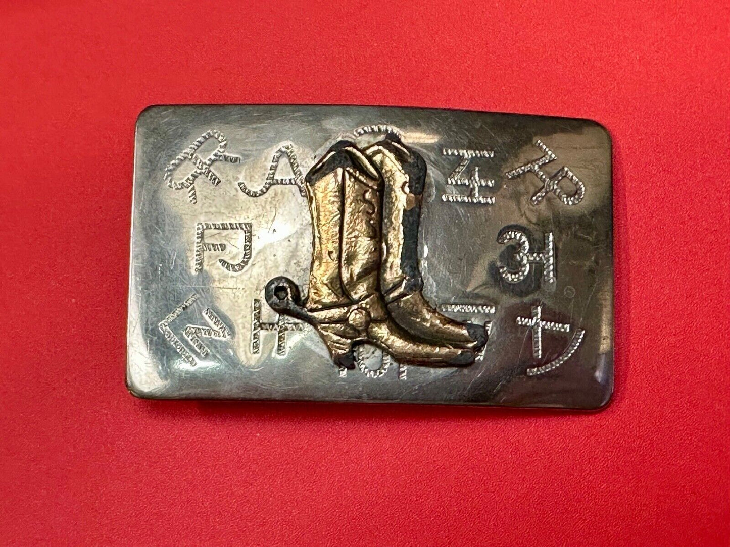 Vintage Cowboy Boots - Western two tone Chambers belt buckle with cattle brands