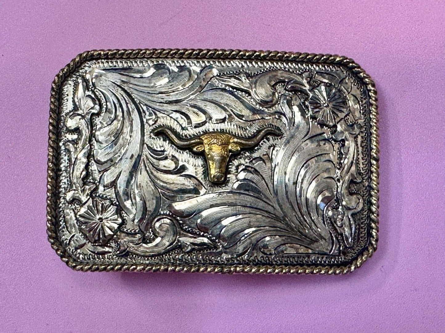 Texas Longhorn - Vintage Silver Strike Ornate Belt Buckle