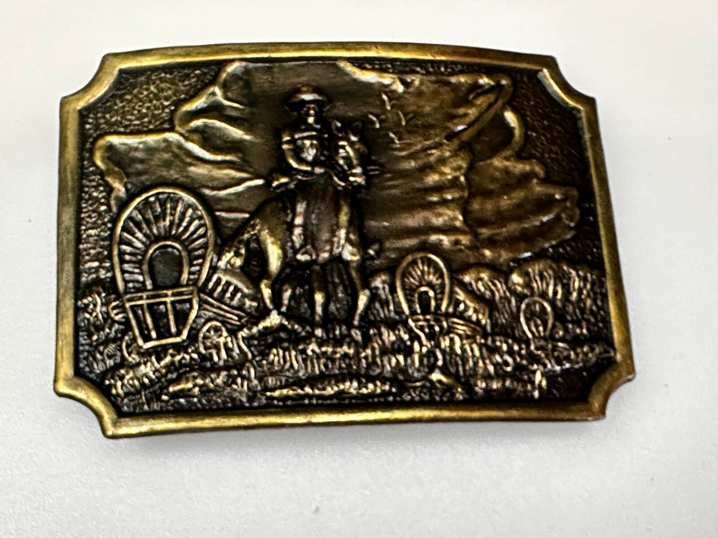 Tall In The Saddle Western Cowboy Leading Wagon Train Vintage ART Belt Buckle