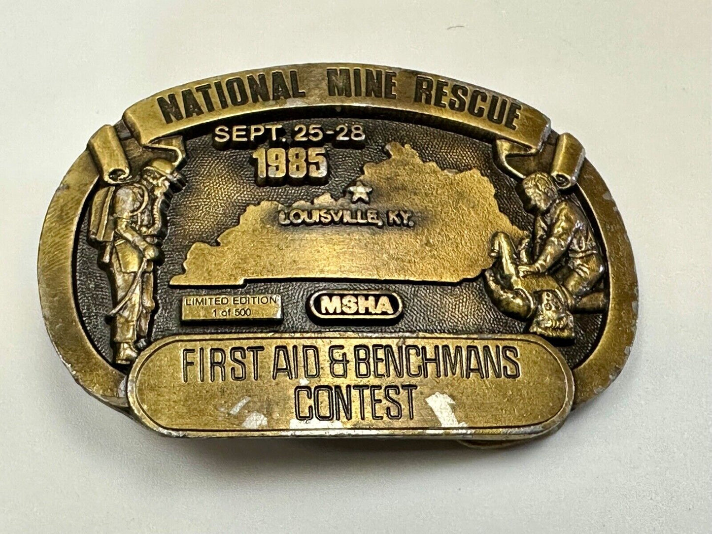 1985 National Mine Rescue Louisville KY MSHA First Aid contest belt buckle