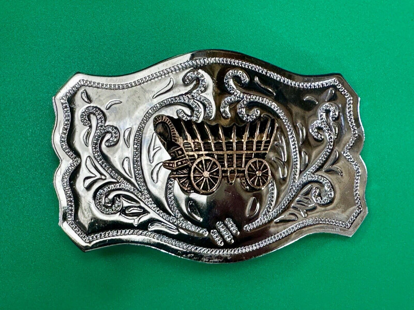 Vintage Covered Wagon - western two tone outlined ornate belt buckle