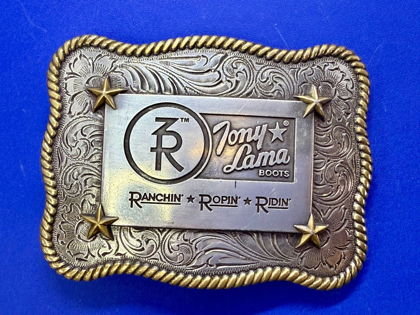 3R Ranch Ropin Ridin Gold Silver Tone Promotional Western Tony Lama Belt Buckle