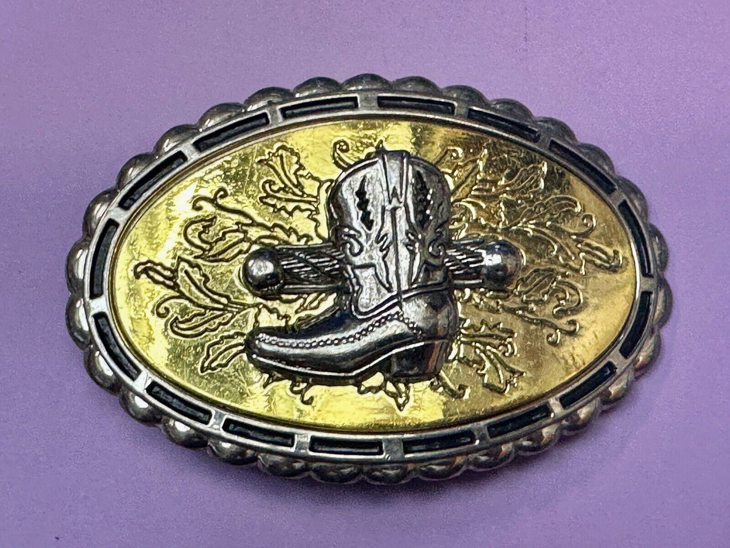 Unique Single Cowboy Boot - vintage yellow background western belt buckle