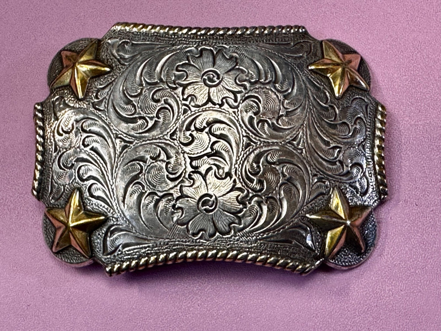 Texas Lone Star Corners Flower Swirl Ornate Western Two Tone Belt Buckle
