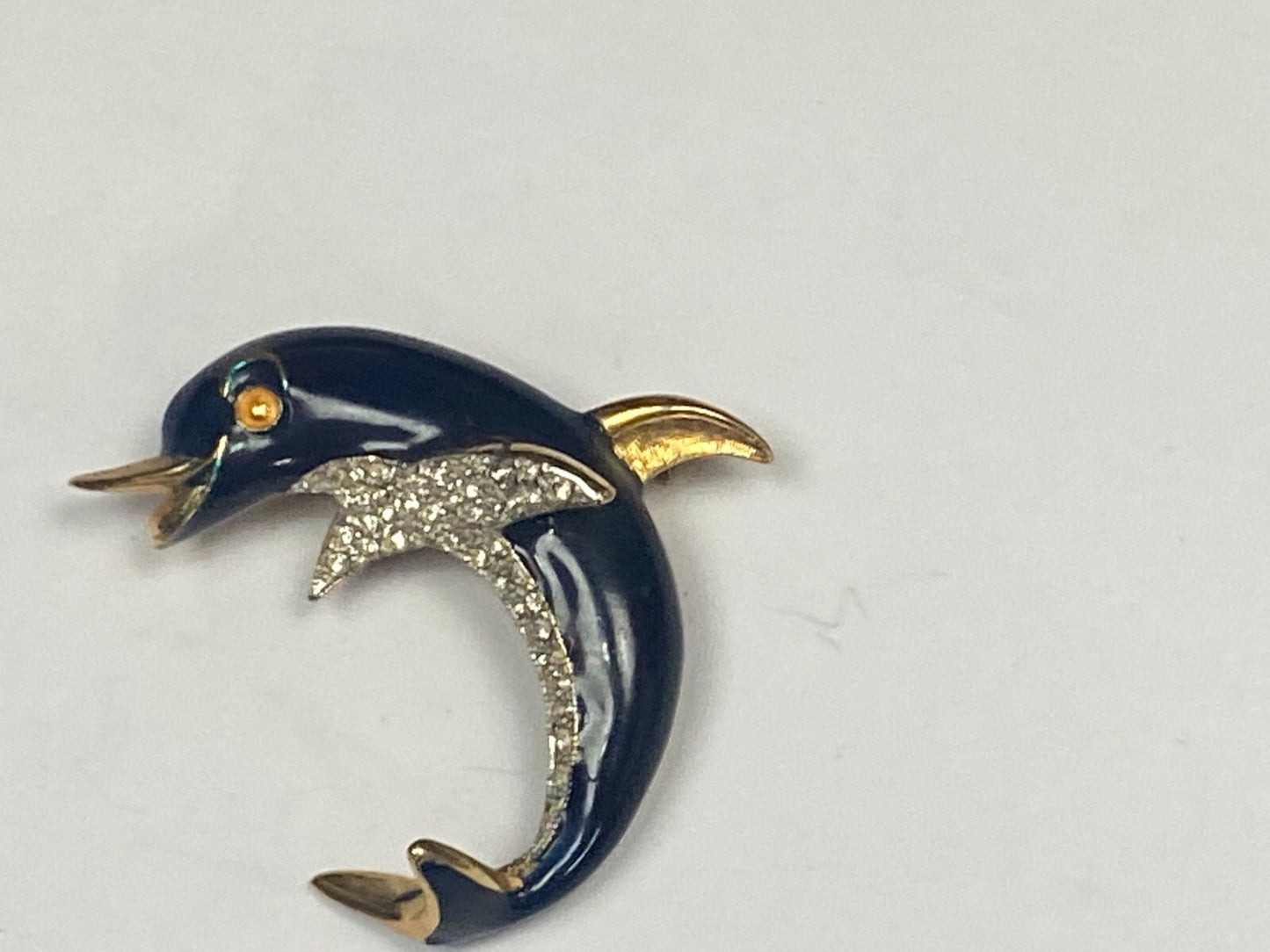Black Curved Dolphin Enameled with Rhinestone Accents Vintage Brooch Pin