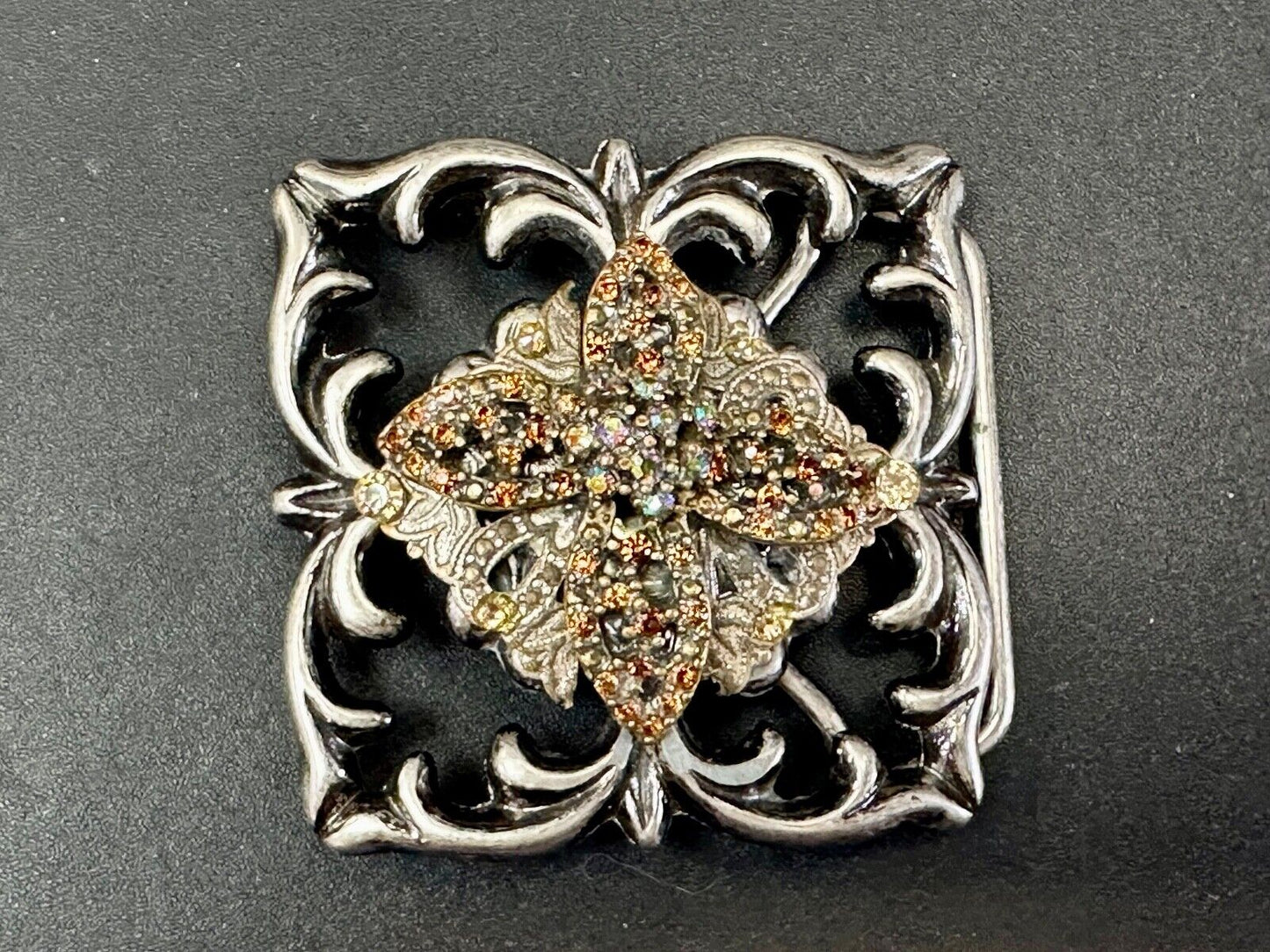 Artisan unique rhinestone mixed media see through silver tone belt buckle