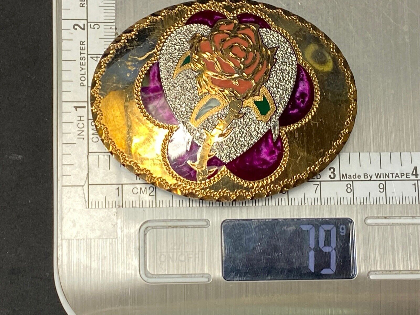 Beautiful Rose - S. O. Steele 1993 vintage inlaid artisan QUALITY belt buckle