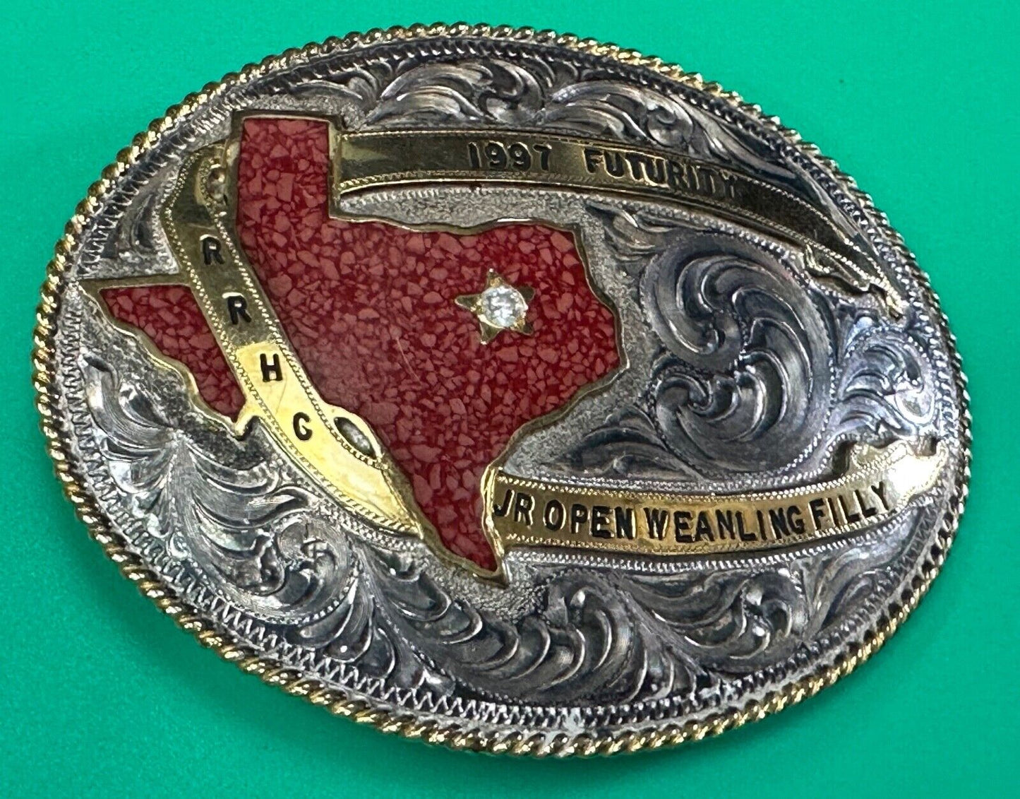 TEXAS Inlaid Coral Chip JR Open Weanling Filly 1997 Futurity Trophy belt buckle