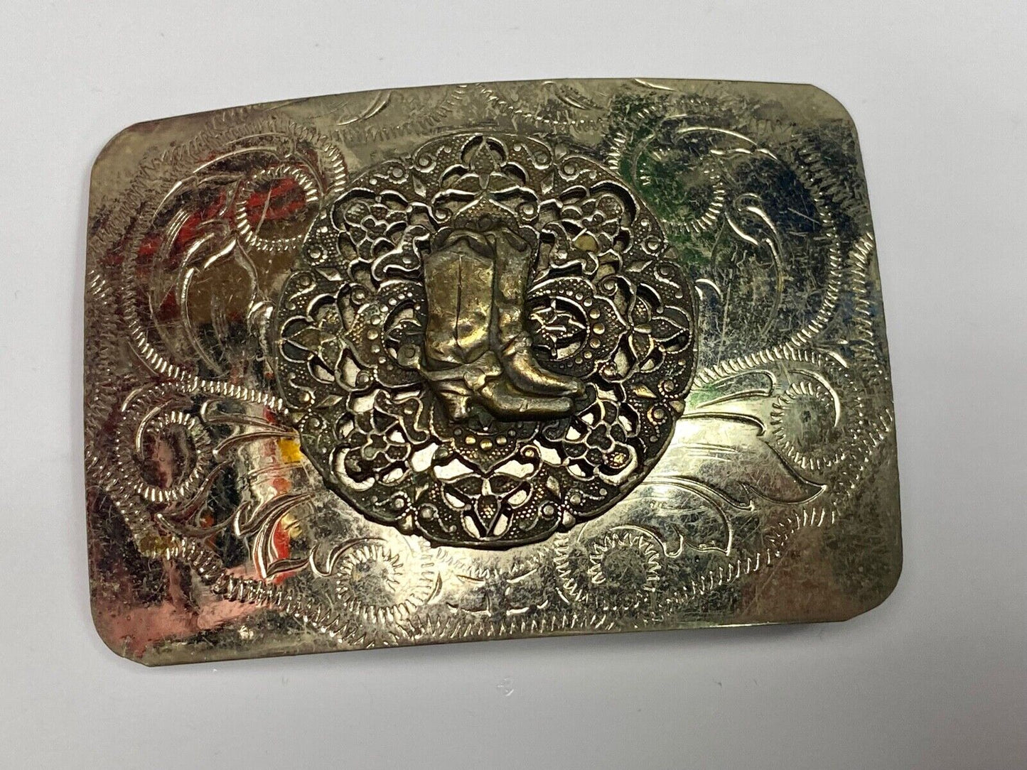 Beautiful Ornate Cowboy Boots W/ Spurs Western Vintage Flower Swirl Belt Buckle