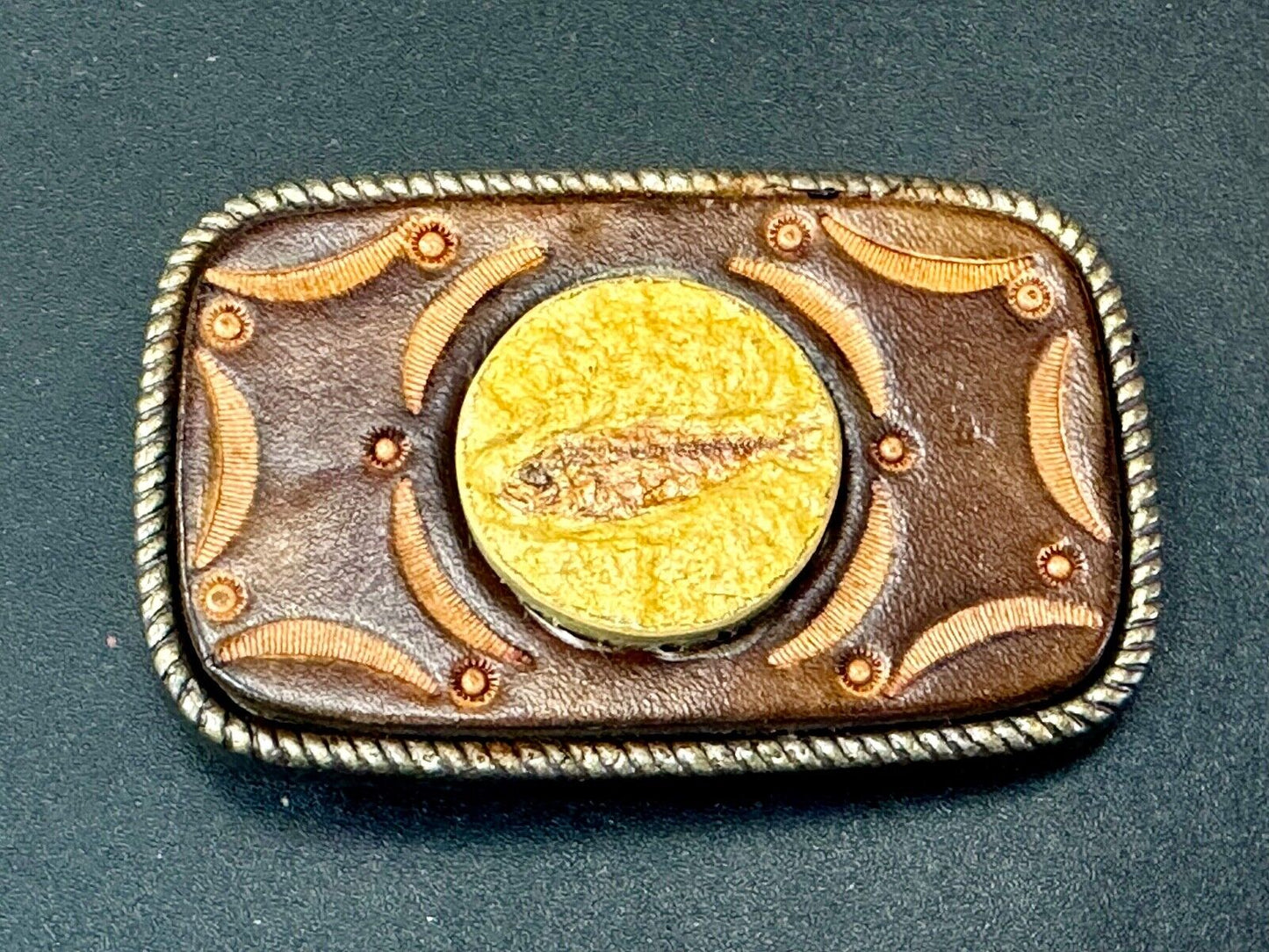 Unique artisan FISH drawing as centerpiece belt buckle - faux? leather backing
