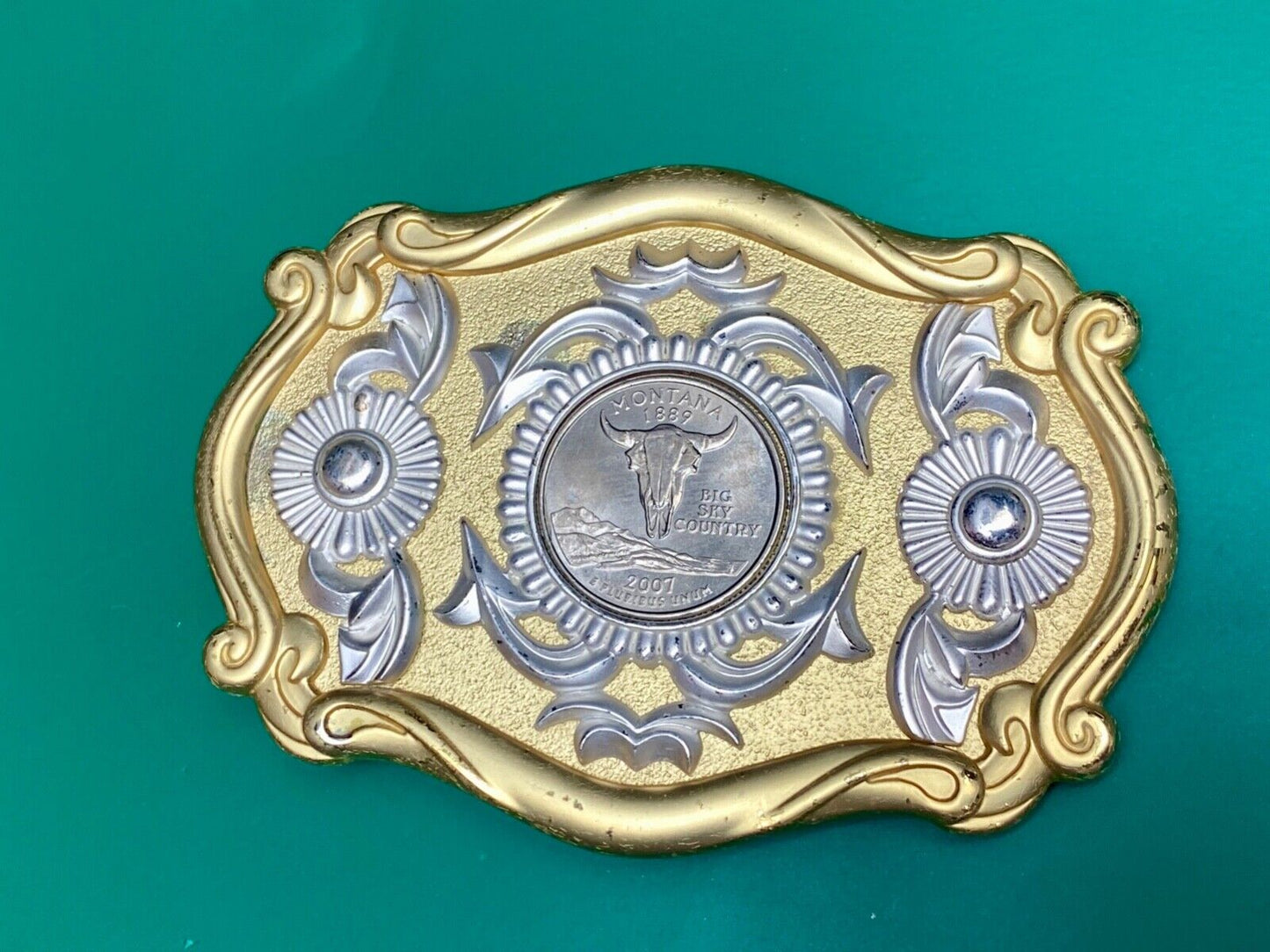 2007 Montana Big Sky Country Coin centerpiece in ornate two-tone belt buckle