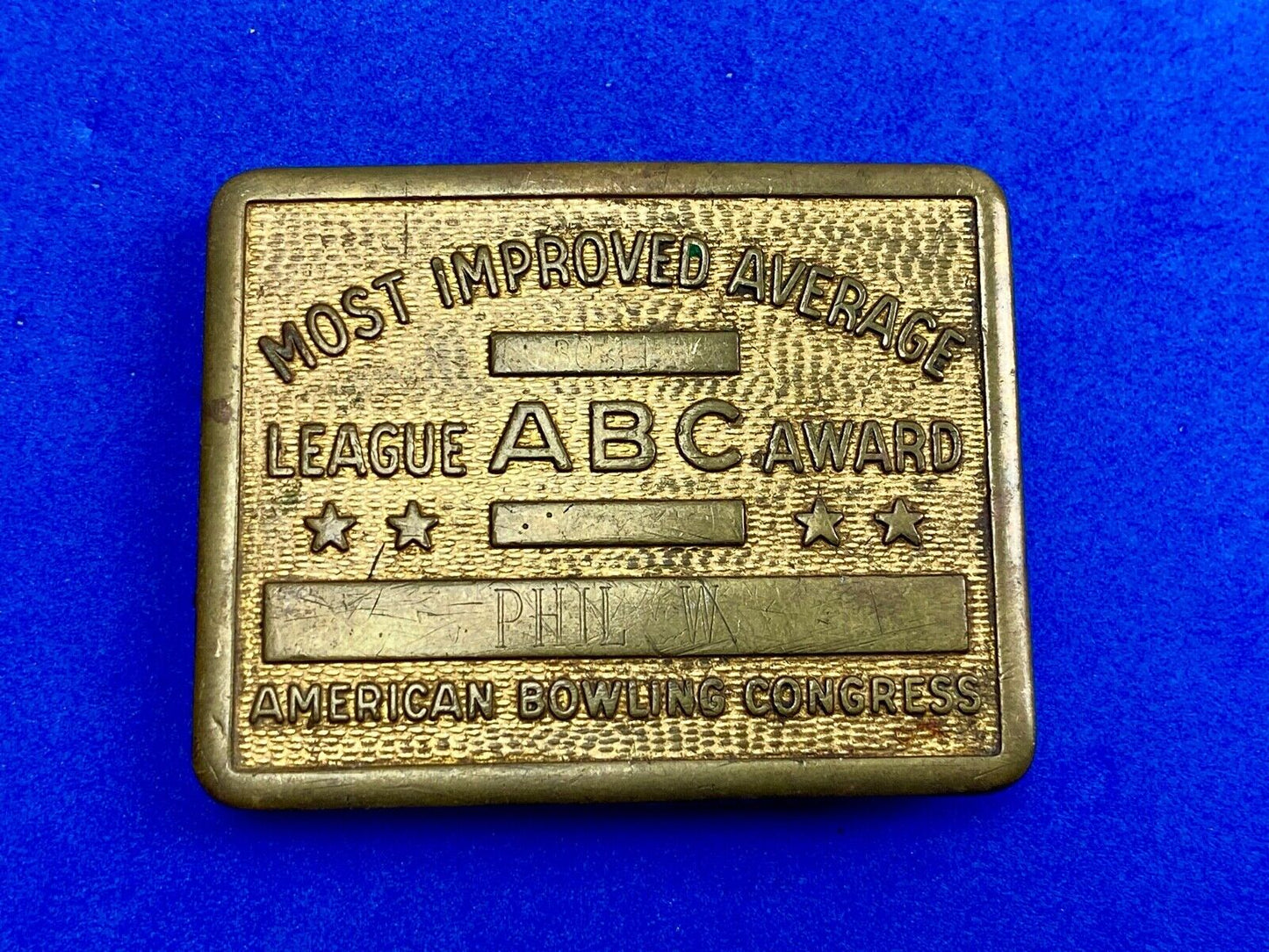 Vintage bowling ABC American Bowling Congress most improved award belt buckle