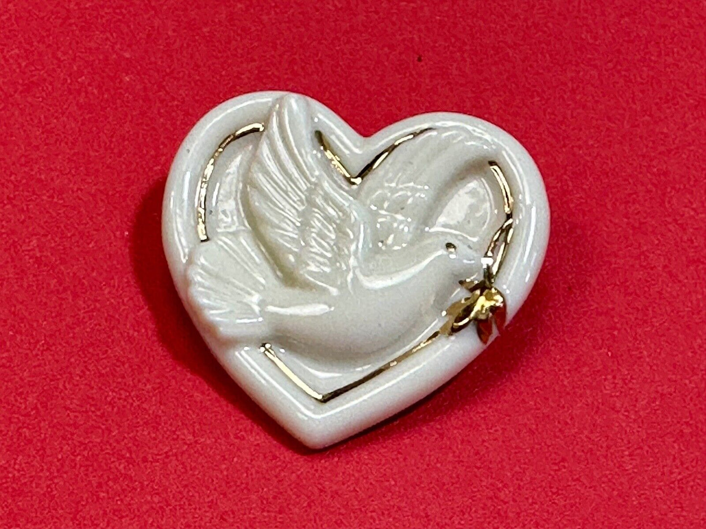 Vintage Lenox Heart Shaped Brooch with Peace Dove & Olive Branch, Gold Trim