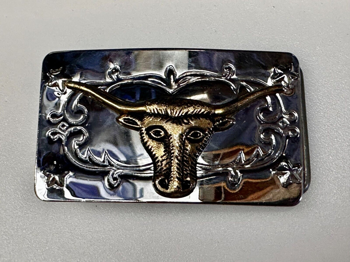 Texas Longhorn Steer Bull Rodeo Two Tone Ornate Western Small Vtg. Belt Buckle