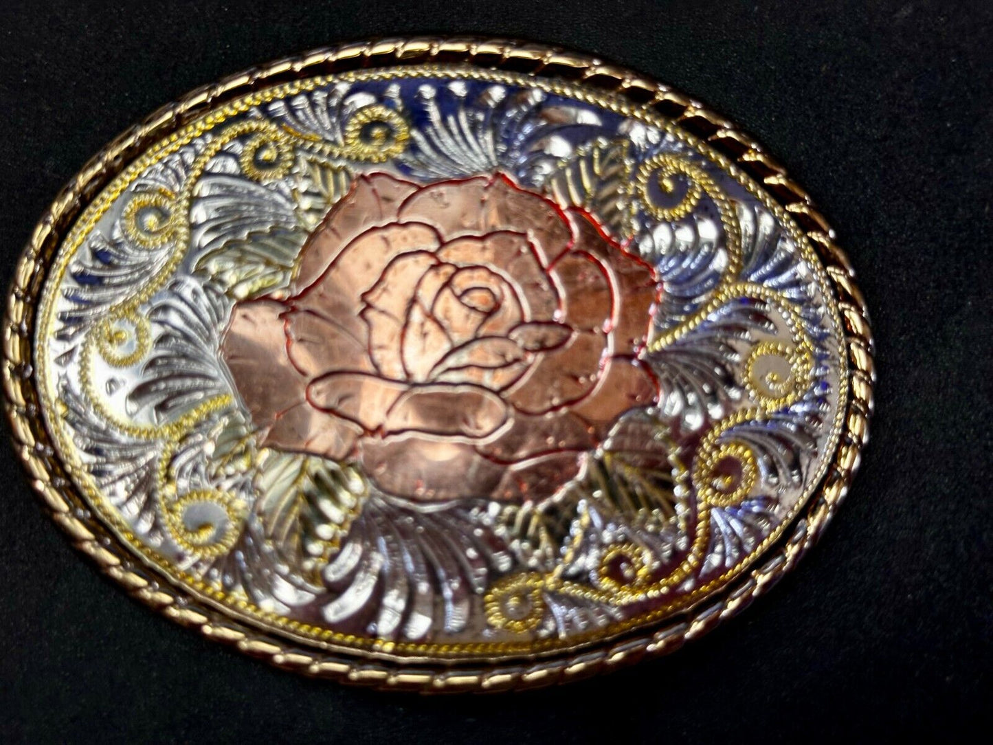 Beautiful Rose Small Etched Flower Swirl Design Vintage Belt Buckle W USA Made