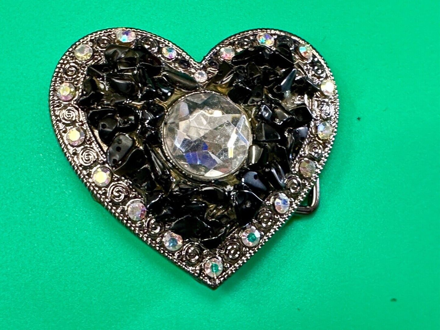 Black Chunky HEART clear rhinestone boarder large Clear centerpiece belt buckle