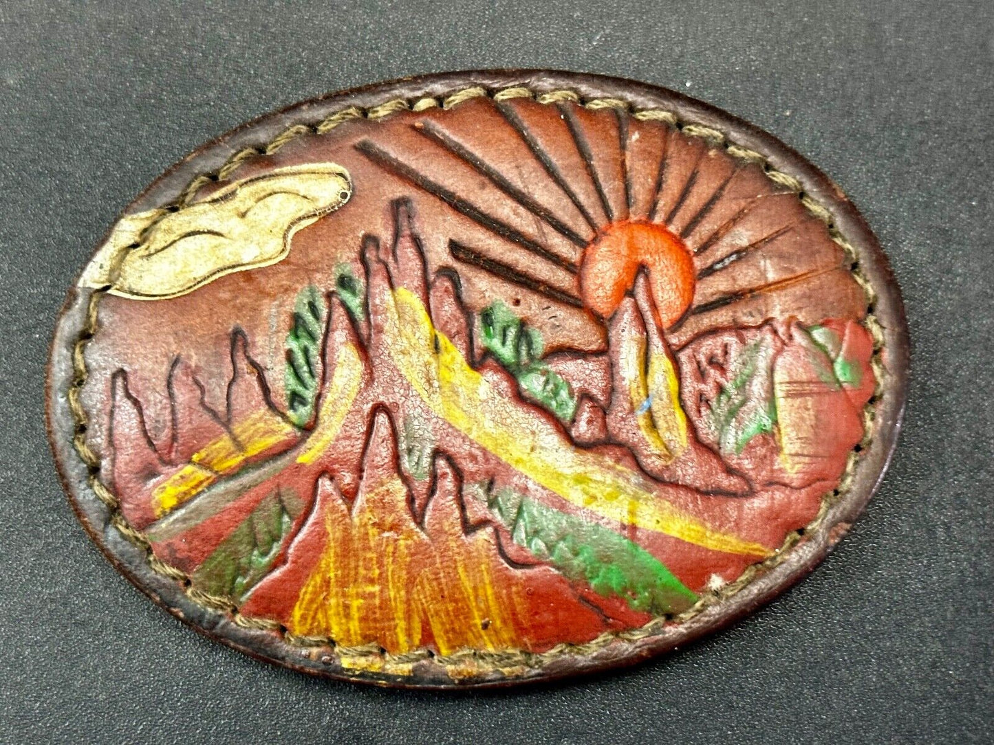 Beautiful Nature Scenery on Vintage Brown Leather Oval Belt Buckle