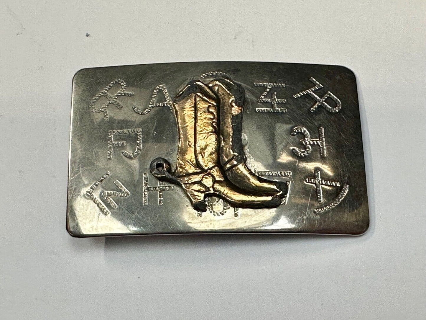 Vintage Cowboy Boots - Western two tone Chambers belt buckle with cattle brands