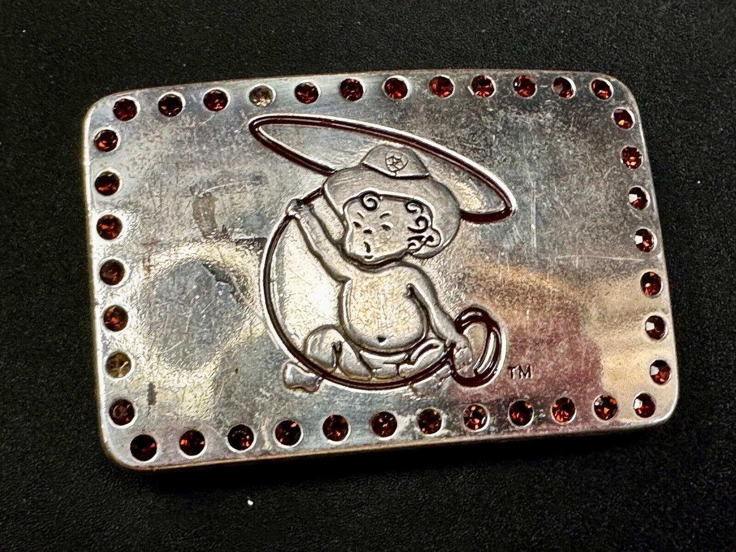 Baby Cowboy Roping Red Rhinestone Border Western Framed Ariat Belt Buckle