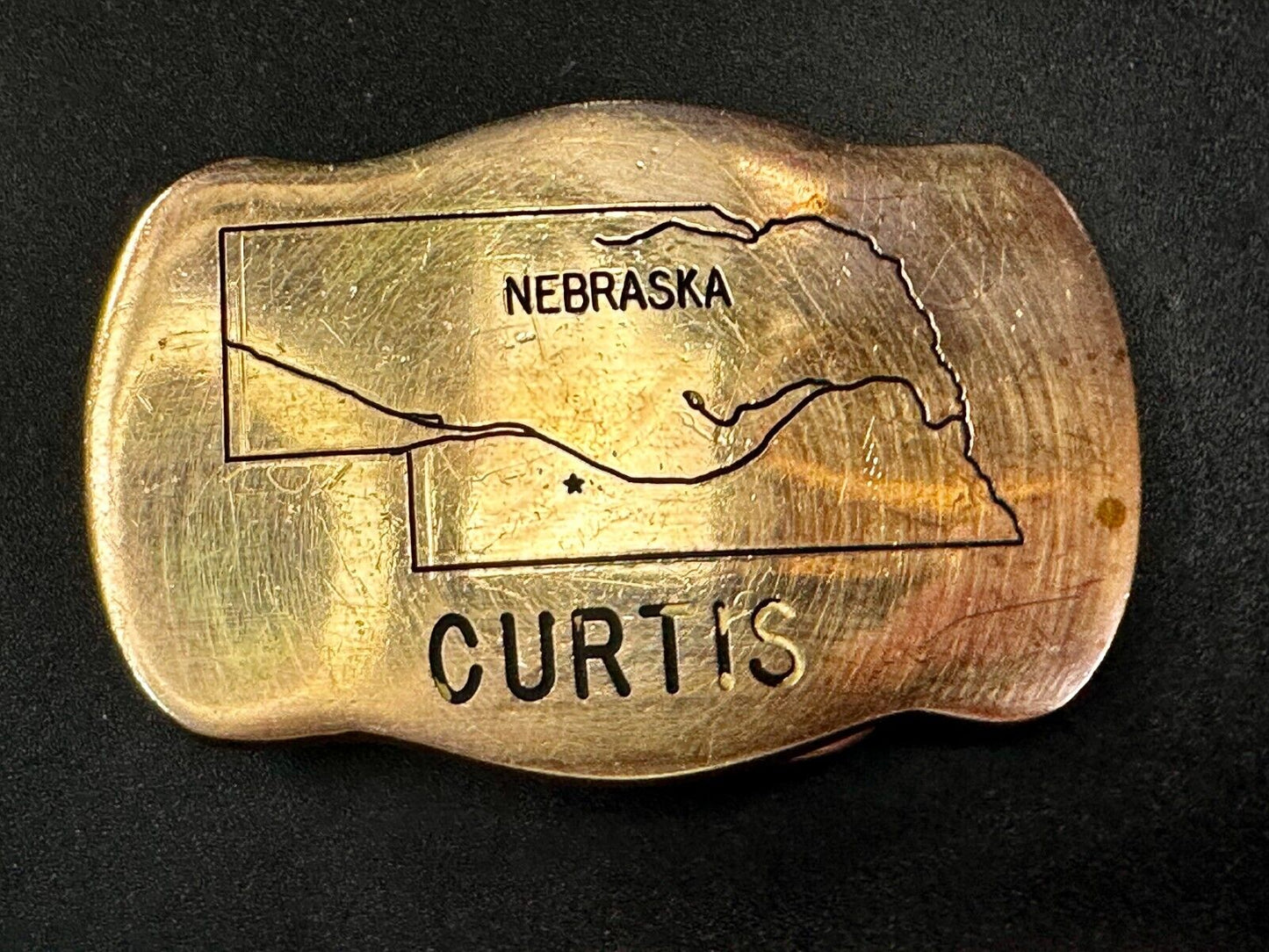 The Great States of NEBRASKA Map City of Curtis Commemorative Brass Belt Buckle