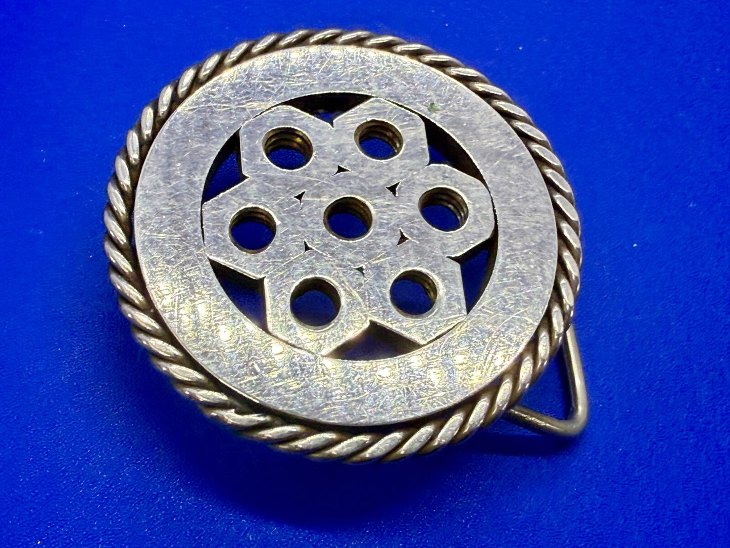 Artisan Welder's Art Handmade Abstract Open Work Round Silver Color Belt Buckle