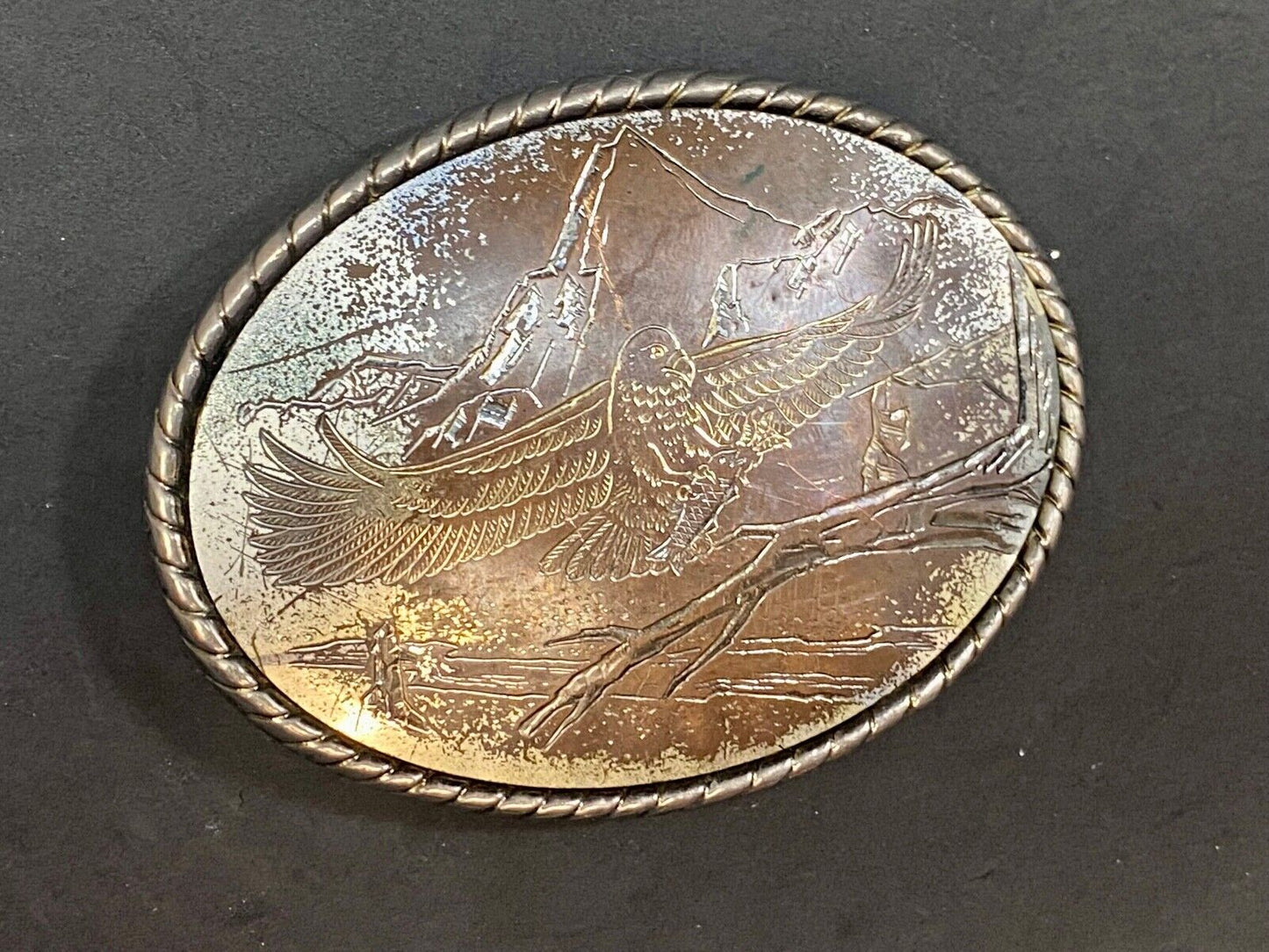 Vintage Engraved Western Ware Eagle Over Mountainside Belt Buckle Signed W