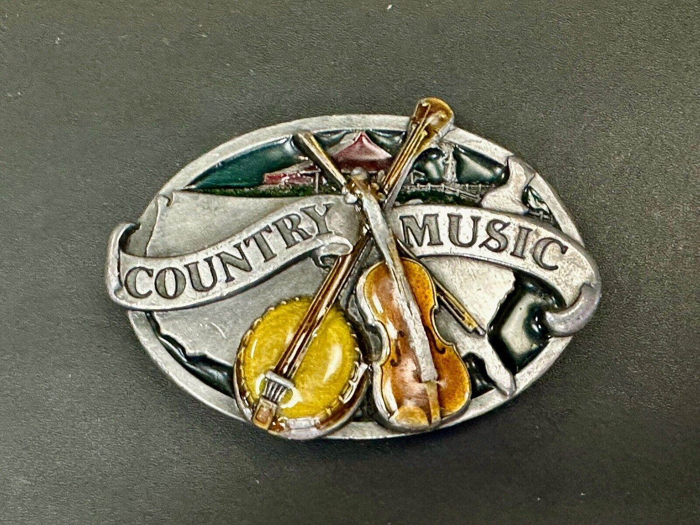 Vintage Enameled Country Music Guitar Fiddle - Bergamot Brass works Belt Buckle