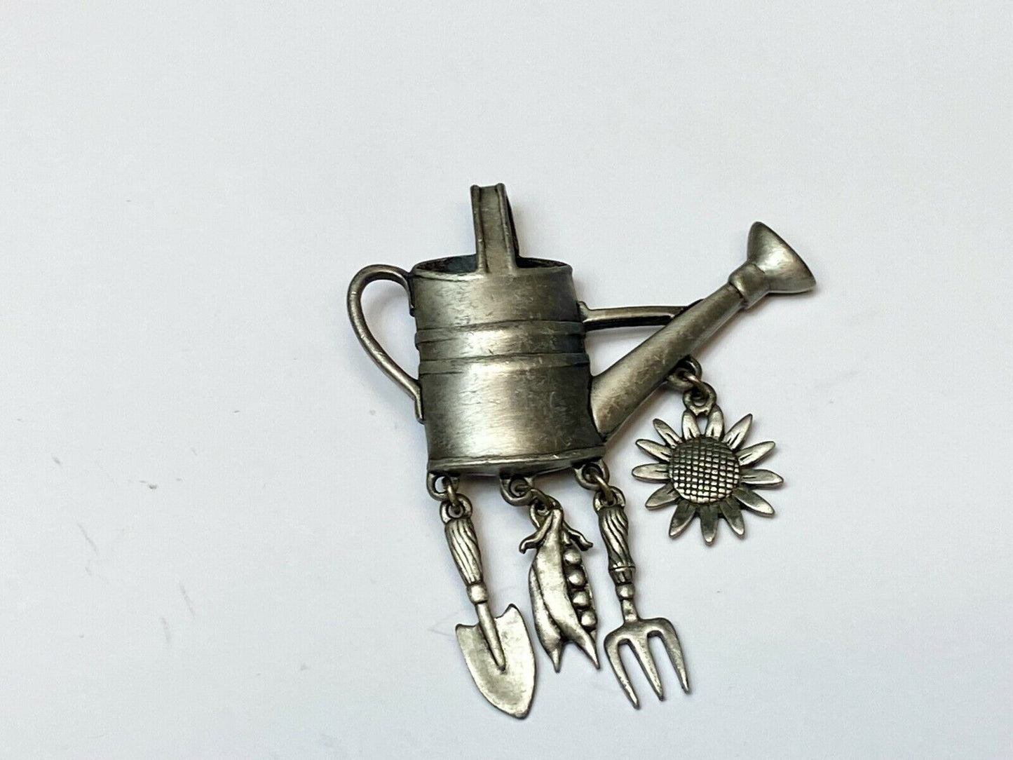 VINTAGE *J.J.*PEWTER GARDENING WATERING CAN BROOCH PIN W/THEMED FIGURAL DANGLES
