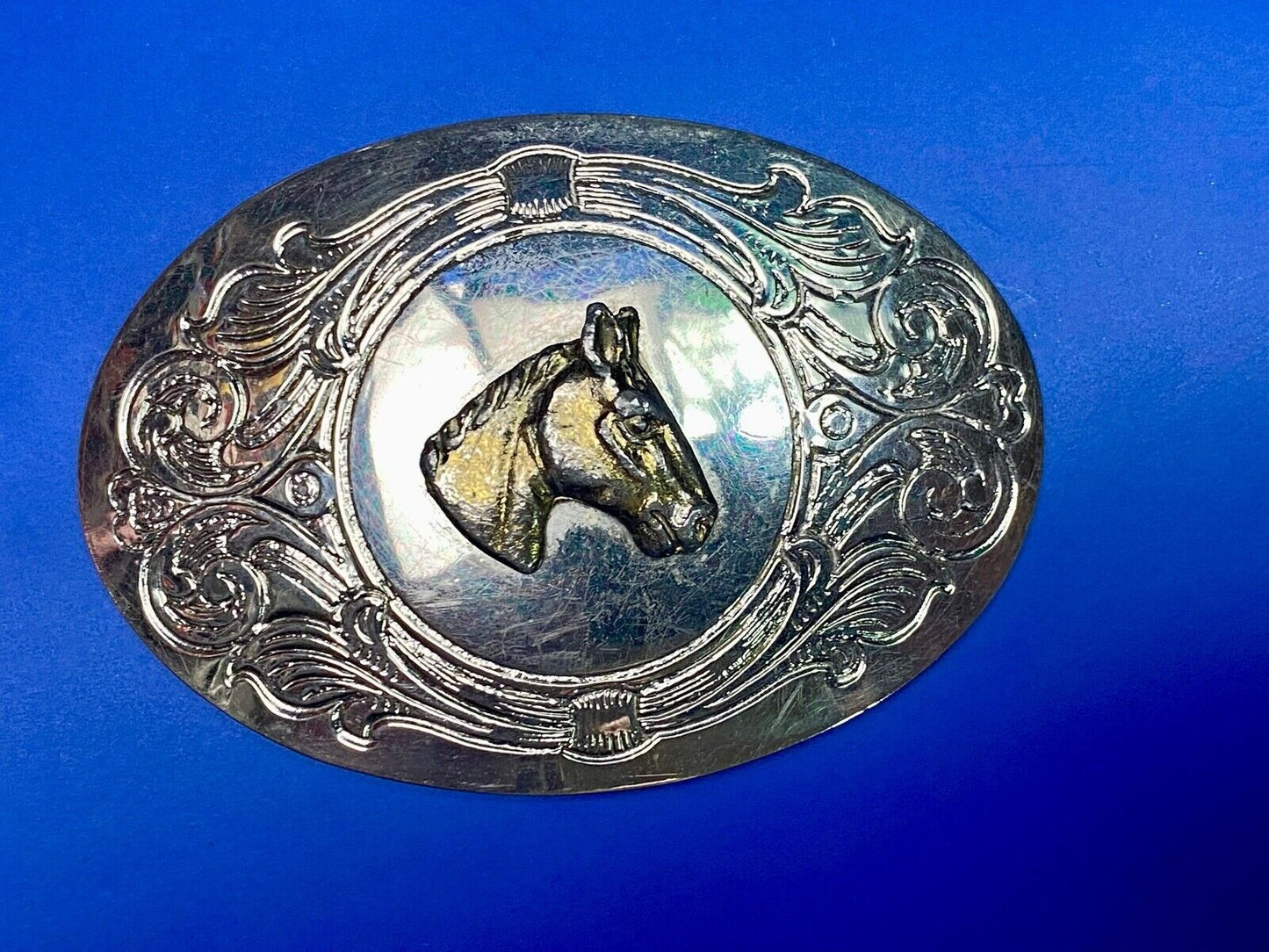 Beautiful Horse Bust Head Mixed Metal On Ornate Western Belt Buckle