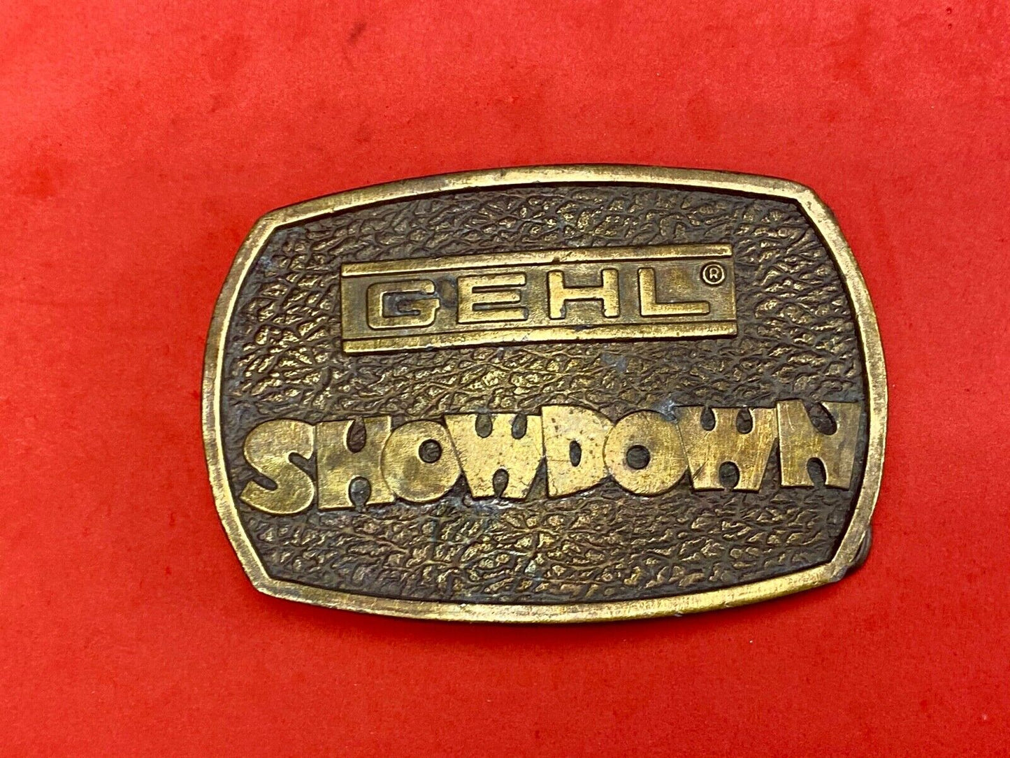 Vintage 1976 GEHL Showdown belt buckle by Bergamot - Farm Equipment Machinery