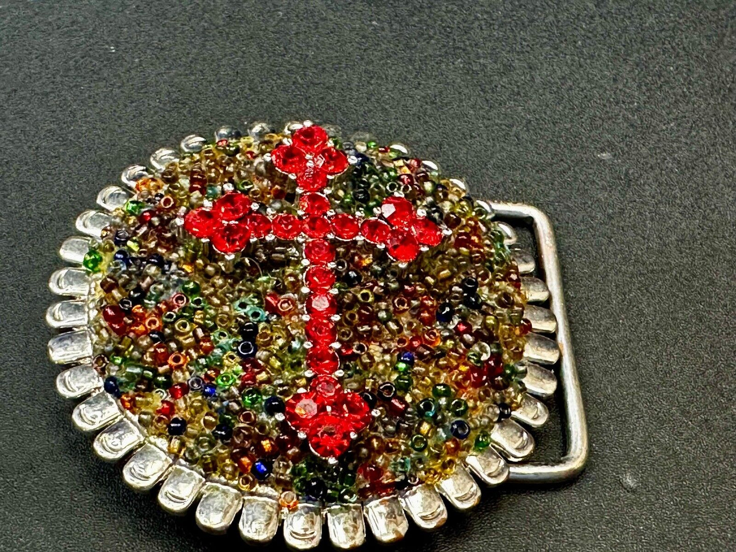 Artisan Religious Red Cross Rhinestone Covered Unique Round Chunky Belt Buckle