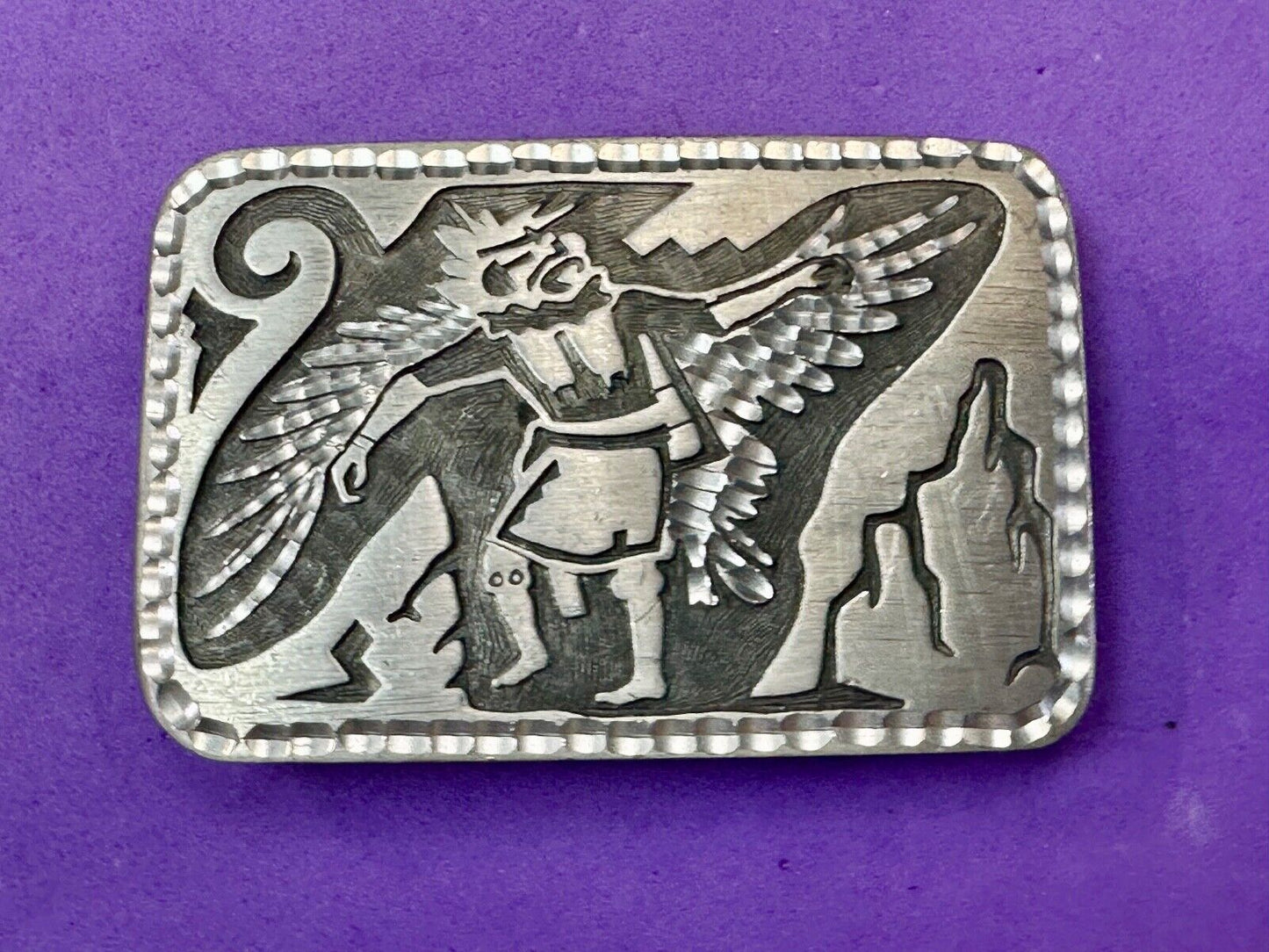 Unique Carving Ancient Mayan God Man Wings etched pewter vintage belt buckle